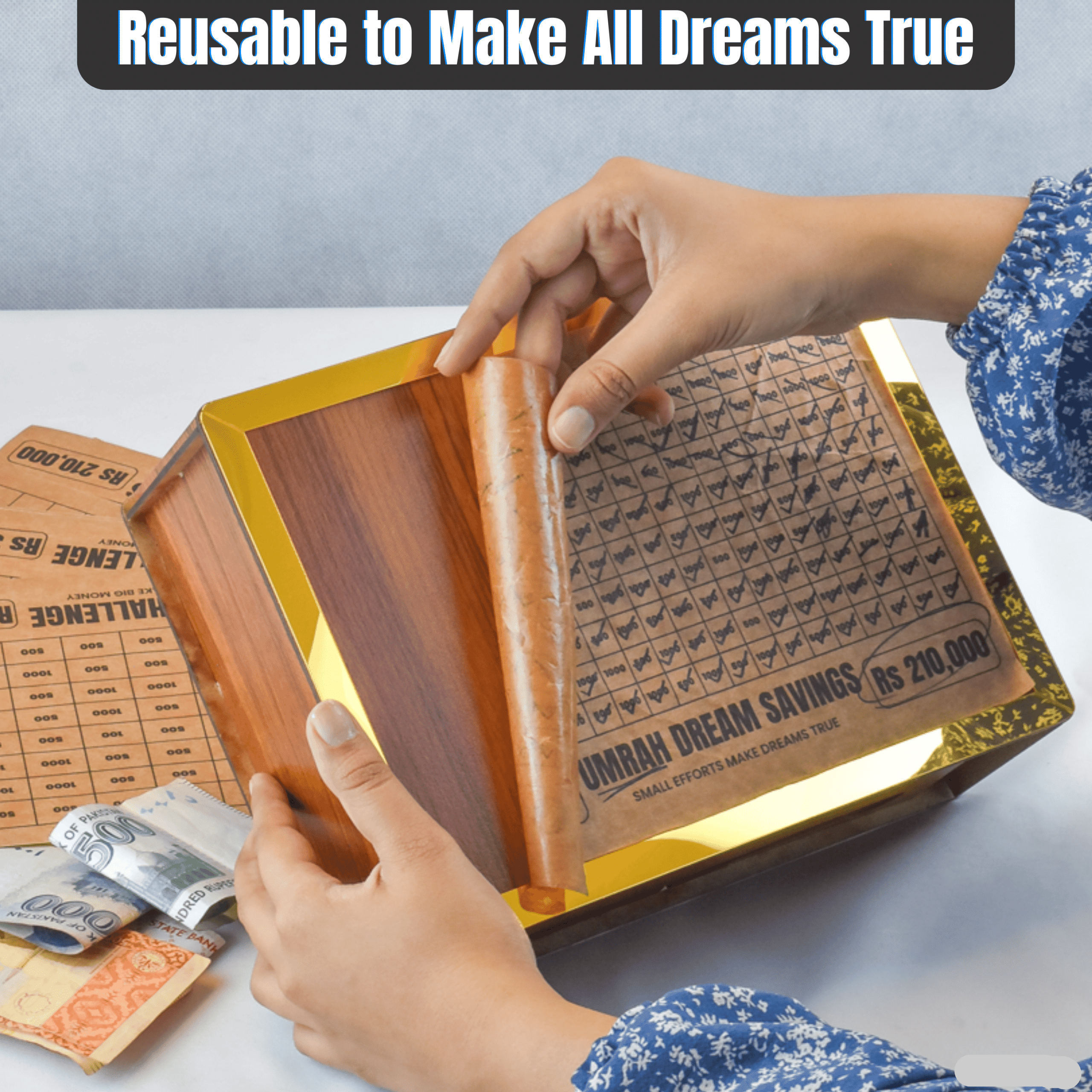 All in 1 – Umrah Saving Box - Reusable Wooden Money Saving Box (Openable)